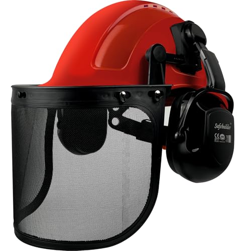 SAFEBUILDER Q20 Forestry Safety Helmet 3 in 1 Chainsaw Arborist Helmet with Face Shield & Ear Muffs Hearing Protection Forestry Hard Hats ANSI Z89.1 OSHA (Red-B07E-Mesh Shield)