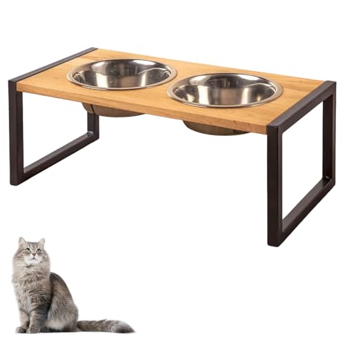 Ciotole per Gatti Rialzate,2 Ciotola per Gatti e Cani,Ciotola Gatto Legno 15° Inclinate,con Supporto in Metallo,per Cani Piccoli, Gattini,per una Postura Ottimale del Cibo,Prevenzione del Vomito