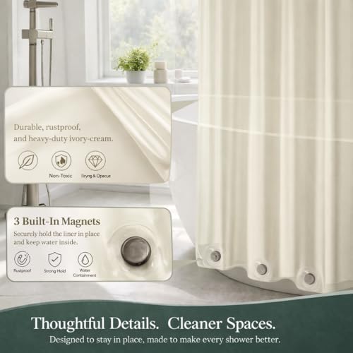 Image of EHZNZIE Cream Shower Curtain Liner 72x72, PEVA Waterproof Bath Curtain, No Chemical Smell, 3 Weighted Magnets, Durable with Rustproof Metal Grommets