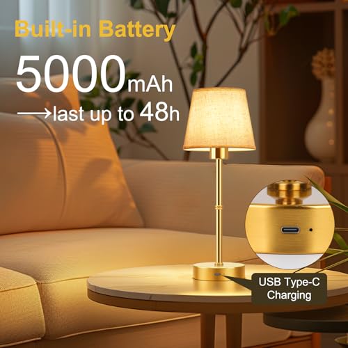 FRIDEKO HOME Rechargeable Table Lamp Gold - Cordless Battery Operated Lamp, Fabric Shade Desk Lamp, Wireless Lamp for Decor Bedroom Dining Table Counter (1pcs-Linen-Bulb Included-15.7in) by FRIDEKO HOME - Used condition - Image 2