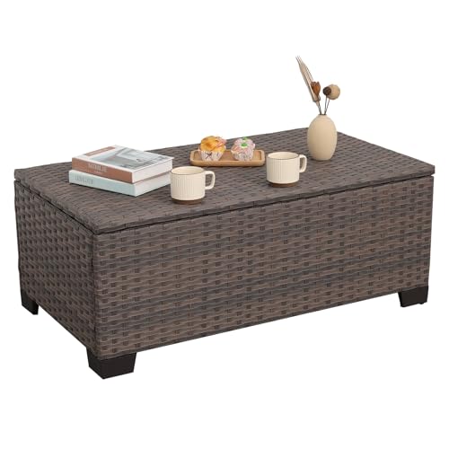 Rattaner Patio Coffee Table Outdoor Storage Table for Patio Wicker Coffee Table Outdoor Table with Patio Storage Box Furniture Cover, Mixed Brown