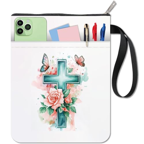 CRASPIRE Cross Book Sleeve Cloth Book Cover 11 X 8.7 Inch Double Sided Flowers Leaves Butterflies Books Cloth Zipper Front Pocket Washable Fabric Bookish Protector Pouch for Paperbacks Hardcover