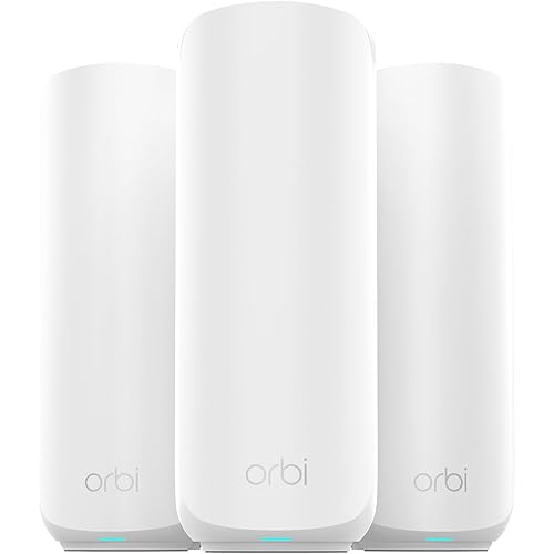 NETGEAR Orbi 370 Series Dual-Band WiFi 7 Mesh Network System for Home (RBE373) – Wireless Router + 2 Extenders, Security Features, 5 Gbps, Covers 6,000 sq.ft., 70 Devices, 2.5GB Internet Port, BE5000