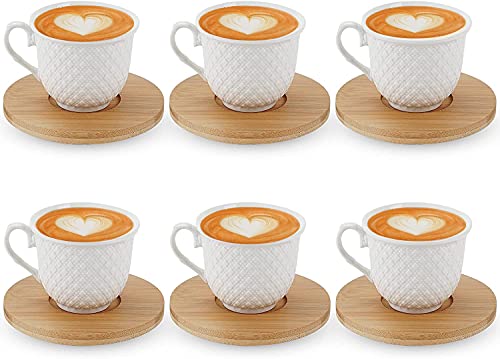TRSPCWR Espresso Cup with Saucers Set 6, Porcelain Turkish Cup Ceramic Tea Cups, Wave Point Cup Finish, White 2.7oz