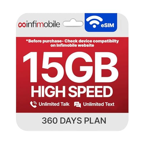 Infimobile Prepaid Unlimited Plan: 12 Months | 15GB High-Speed Data Per Month | Unlimited Data Talk & Text | Prepaid Plan eSIM USA Quick Activation | Nationwide Coverage | 4G 5G Network (V-Network)