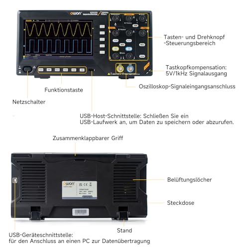 OWON Digitales Oszilloskop mit 4 Kanälen und Bildschirm 7 Zoll/18 cm, TFT-LCD-Display, tragbares professionelles Oszilloskop-Kit mit 1GS/s Abtastrate, Bandbreite 200MH, SDS220