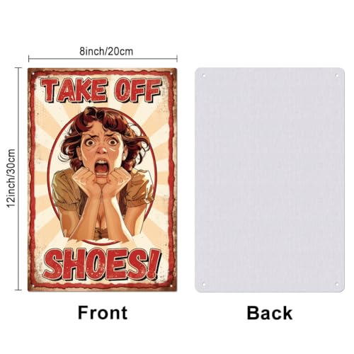 GLOBLELAND "Take Off Shoes" Funny Nervous Woman Metal Tin Sign 12x8in/30x20cm for Garage Garden Signs Art Plaque Poster Wall Decor for Home Kitchen Bar Club Coffee Shop - Image 2