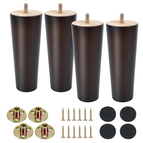 KINDPMA 4 Piezas 15cm Patas para Muebles Madera Patas de Mesa de Madera Roble Cónicas Patas para Sofas con Tornillos y Placa de Montaje para Cama,Sillón,Gabinete de TV, Armario, Color Nogal