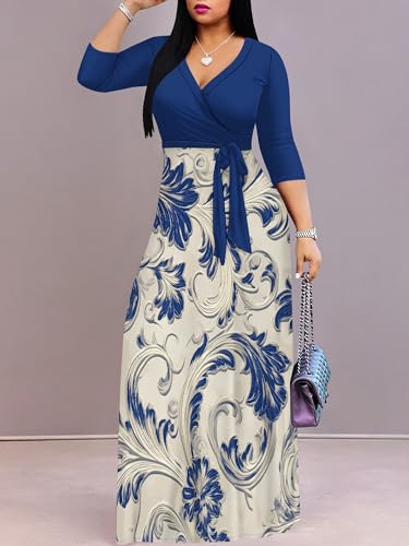 Image of SUZONANA Plus Size Dresses for Women Floral Print Maxi Dress Flowy 3 /4 Sleeve with Belt