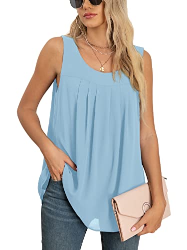 Quezhu Summer Tanks For Women Dressy Elegant Chiffon Tops And Blouse O-Neck Layered Sleeveless Blouses,Light Blue,Small #TOP3