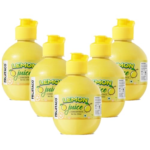 Image of Fruitaco Yellow Lemon Juice Concentrate - Pack of 5 (1250ml) | Equivalent to 125 Lemons | Pocket Bottle | Easy to Use in Cooking, Beverages, Shikanji, Lemonade & More