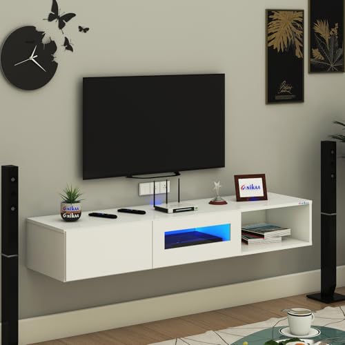 Image of Anikaa Strix Wall Mount Modern Floating TV Unit for Living Room with 3 Storage Cabinet & Blue LED Light (Ideal for 32 to 55 inch TV, DIY Installation, White Finish)