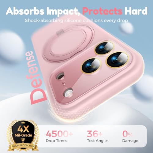 Image of Silicone 360 Spin Magnetic Stand Case for iPhone 17 Pro, [Compatible with Mag-Safe][Reinforced Hard Camera Protection] Liquid Silicone Rubber Phone Case Cover with Ring, Camera Button, Pink