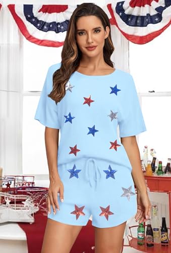 Image of VILOVE 4th of July 2 Piece Sequin Outfits Women 250 Anniversary Usa Shirts and Short Sets Casual Patriotic Shirt Summer Set