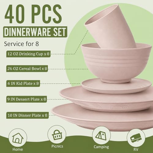 Image of Wheat Straw Dinnerware Sets for 8, 40 Piece Unbreakable Dinnerware Set, Plates and Bowls Sets, Kitchen Plates and Bowls Set, Lightweight Dish Set for Travel Camping Party Outdoor Use - Muted Pink