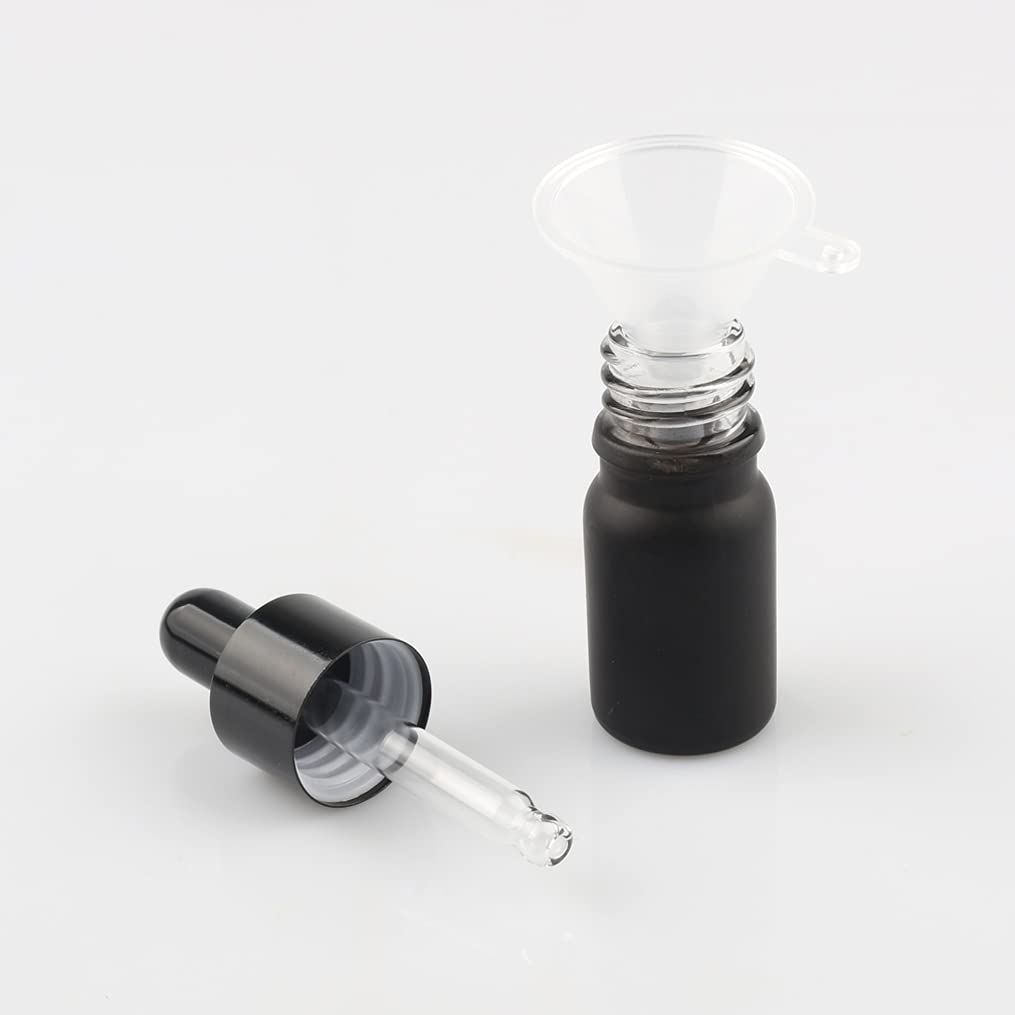 24 Pezzi Nero Opaco Bottiglie Contagocce Vetro 5 ml con Pipette Contagocce Vetro, anello a vite Nero, per Laboratorio,Olio Essenziale, Aromaterapia +4 imbuti