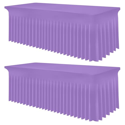 Image of Smiry 2 Pack Spandex Elastic Fitted Table Cloth Skirt for 8FT Table | Stretch Washable Table Cloth, Banquet Table Cover for Wedding, Party, Indoor & Trade Shows, (Lavender, 96Lx30Wx30H)