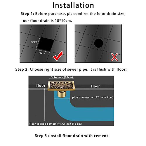 4 Inch Square Antique Brass Floor Drain with Removable Cover Waste Water Strainer for Bathroom, Kitchen, Veranda and Public Drain Area