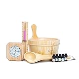 Suleno - 10-teiliges Saunazubehör aus Holz | Must-Have Saunaset | Sauna Aufgusskübel, Sauna Thermometer, Sauna Sanduhr, 5 Saunaöle und mehr