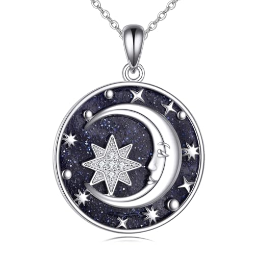 Collier lune en argent sterling 925 et pierre de sable bleu scintillant
