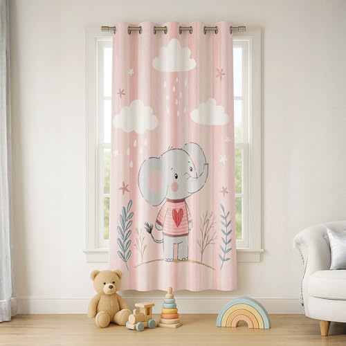 Image of STITCHNEST Velvet Kids Curtains Pack of 1 | Pink Elephant Cartoon Print | Semi Blackout Curtains for Nursery, Baby Girl & Toddler Room | 7 Feet