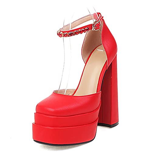 Womens Double Platform Block Heels Pumps Ankle Strap Evening Dress Pumps