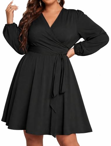 Image of RED DOT BOUTIQUE 836 - Chiffon Long Sleeves Wrapped V Neck Long Waist Ties Club Solid Black Dress Plus Size