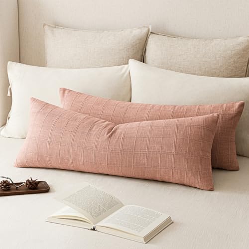 Image of Foindtower Set of 2 Decorative Linen Check Throw Pillow Covers Neutral Farmhouse Vintage Cushion Covers Cozy Modern Boho Accent Home Decor for Sofa Chair Couch Bed Living Room,14x36 Inch,Coral Pink