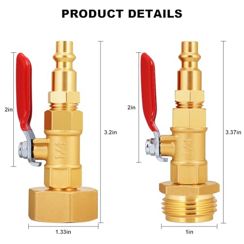 Image of SIGURANTA RV Winterize /Winterization Blowout Adapter - Brass with Ball Valve, 1 /4 inch Male Quick Connect to 3 /4 inch Male & Female GHT Garden Hose Thread