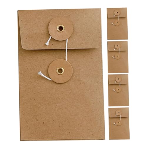 HIAKDOFT Lot De 5 Enveloppes Pour Documents En Papier Kraft 70x110 Mm Avec Fermeture à Ficelle, Enveloppes Artisanales Résistantes, Rangement Multifonction Pour Bureau Et Invitations