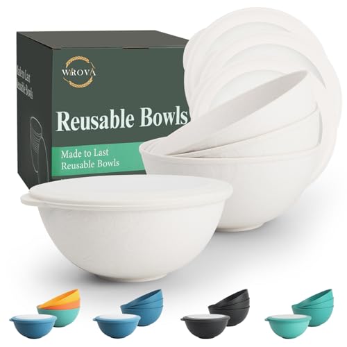 Wrova Bolws Set with Lid - Salad Bowls Plastic Bowls Set 40 oz Unbreakable Bowls for Kitchen | Set of 4 | Reusable Deep Bowl Set, Microwave and Dishwasher Safe Bowl - White