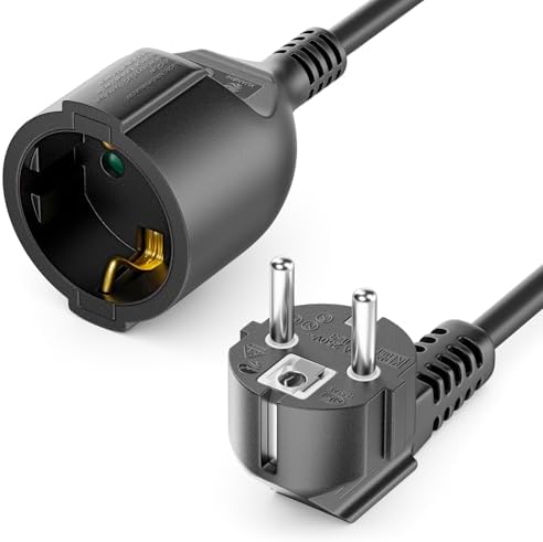deleyCON 3,0m Verlängerungskabel Typ F 90° auf CEE 7/3 - Schwarz | Stromkabel Netzkabel Verlängerung, Schutzkontakt Stecker Typ F CEE 7/7 90° gewinkelt auf Buchse, Berührungsschutz