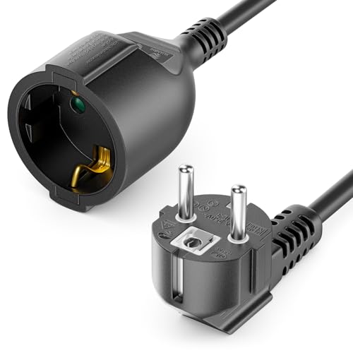 deleyCON 3m Verlängerungskabel Stromkabel Netzkabel Verlängerung Schutzkontakt Stecker Typ F (CEE 7/4) 90° Gewinkelt auf Buchse (CEE 7/3) Kinderschutz TV PC Computer Beamer - Schwarz