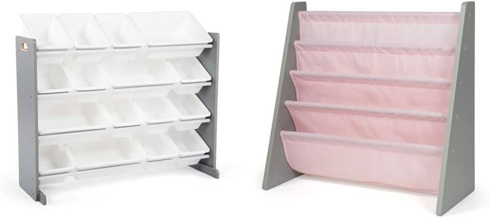 Humble Crew Supersized Wood Toy Storage Organizer, Extra Large, Grey/White & Book Organizer Kids Bookshelf, Grey/Pink