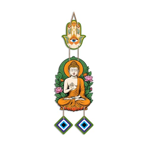 Image of Artvibes Buddha Wall Hanging with Hamsa Hand & Evil Eye Accents | Spiritual Wooden Decor for Meditation | Yoga and Prayer Spaces | Decorative Hanging Ornament for Home Entrance (WH 8596N)