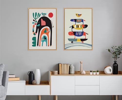 Kate and Laurel Sylvie Three Elephants Framed Canvas Wall Art by Rachel Lee; 23x33 Natural; Colorful Jungle Animal Art for Wall by Kate and Laurel - Used condition - Image 3