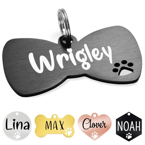 Ultra Joys Dog Tags Personalized for Pets - Hollow Paw Custom Pet ID Tag - Engraved Dog Tag for Small, Large Dogs - Large Bow Tie in Black