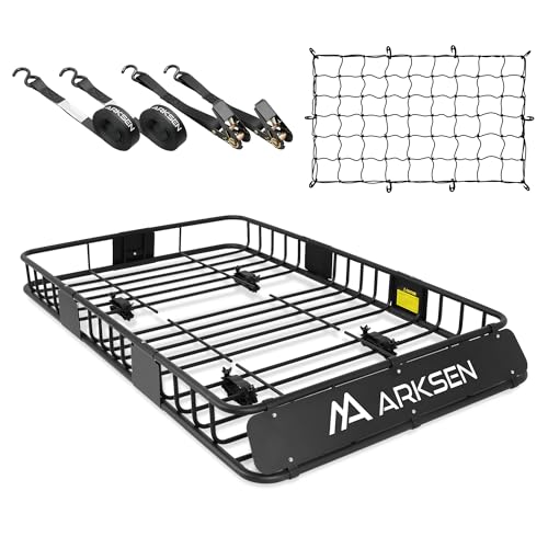 ARKSEN 64" x 39" x 6" Roof Rack Cargo Basket with Extension, Cargo Net & Ratchet Straps, 150 lb Heavy-Duty Steel Rooftop Carrier, Fits Crossbars up to