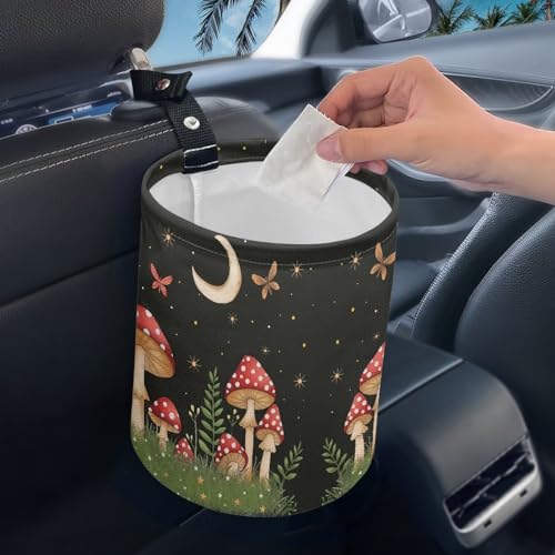 Image of Cute Mushroom Moon Auto Garbage Bag Trash Can Leak Proof Waste Basket Container Bag Bin Hanging Cup Holder Organizer with Strap Mini Car Interior Accessories for Auto, Camping, Travelling