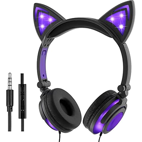 Olyre Kids Headphones with Light up cat Ears On Ear LED Kitty Headphones with Mic for Kids Boys Girls Children Wired Headset for School Learning Tablet (Purple) Cover