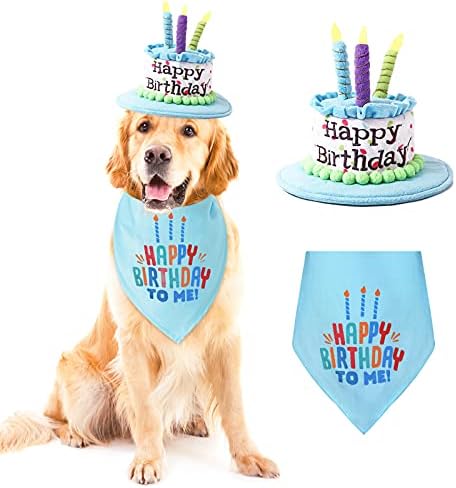 Ushang Pet Extral Large Dog Birthday Cake Hat & Birthday Bandana Scarfs Set Blue, Dog Happy Birthday Hat with Colorful Candles, Large Dog Birthday Party Supplies Decorations