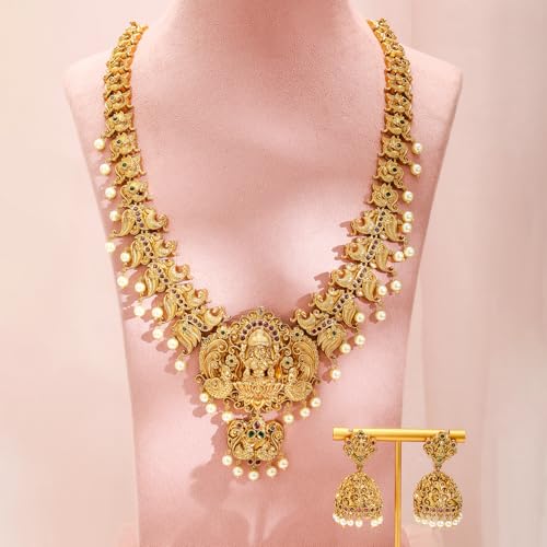 Image of Rubans 22K Gold-Plated Ruby Pink, Emerald & CubicZicronia Divine Lakshmi Temple NecklaceSet