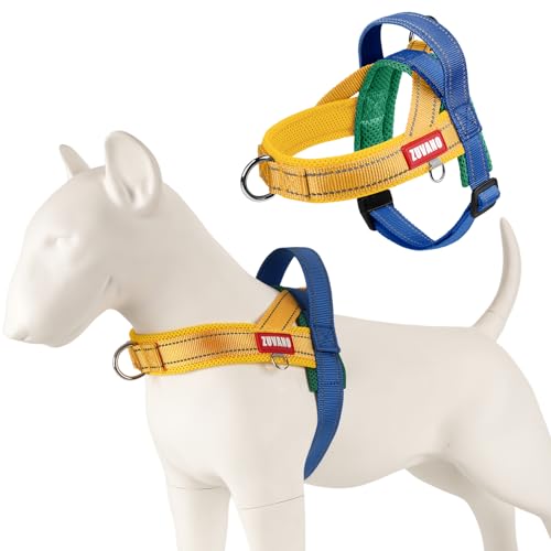 Yellow Escape Proof Dog Harness with Handle Freedom No Pull Lightweight Soft Mesh Vest Medium Sized Dogs Front Hook, Chest Adjustable Reflective Dog Harness with Quick Release Buckle, Yellow/Blue, XL