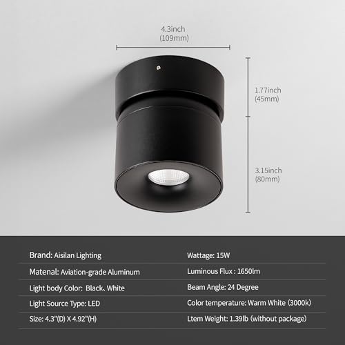 Image of Aisilan 15W LED Dimmable Ceiling Spotlight, Adjustable Directional Surface Flush Mount Lighting, Wall Spot Lights Indoor Accent Fixture for Art Picture Gallery Paintings, 3000K, Black