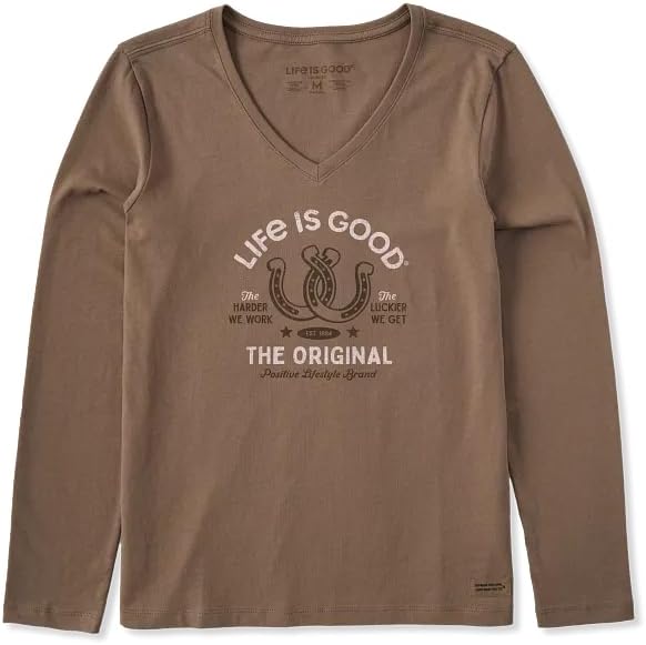 Life is Good. Women's Lucky Horseshoes Long Sleeve Crusher Vee, Mushroom Brown