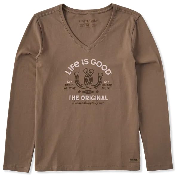 Life is Good. Women's Lucky Horseshoes Long Sleeve Crusher Vee, Mushroom Brown