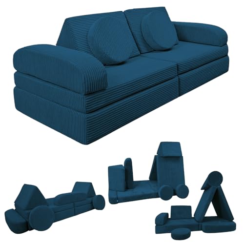 Izabell® Canapé modulaire pour enfant et canapé de jeu - Canapé créatif en velours côtelé doux avec housses de protection imperméables, parfait pour jouer et comme lit pour les enfants (bleu marine)
