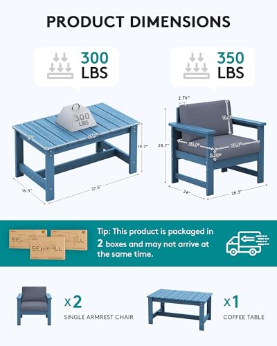 Image of SERWALL 3 Pieces HDPE Outdoor Sofa Bistro Set with Cushions, Outdoor Furniture Sofa Sets with Coffee Table and Cushions, All Weather Conversation Social Set, Blue Frame and Grey Cushion