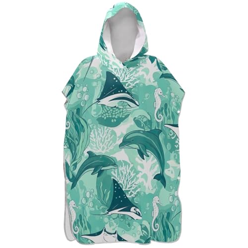 Joitme Ocean Dolphins Teal Changing Robe for Adults Surf Poncho Beach Bath Hooded Towels Lightweight Mens Poncho with Hood One Size