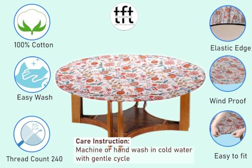 Image of The Furnishing Tree Elastic Cotton Round Center Table Cover 24x24 in Inches Floral Multicolor on offwhite Base